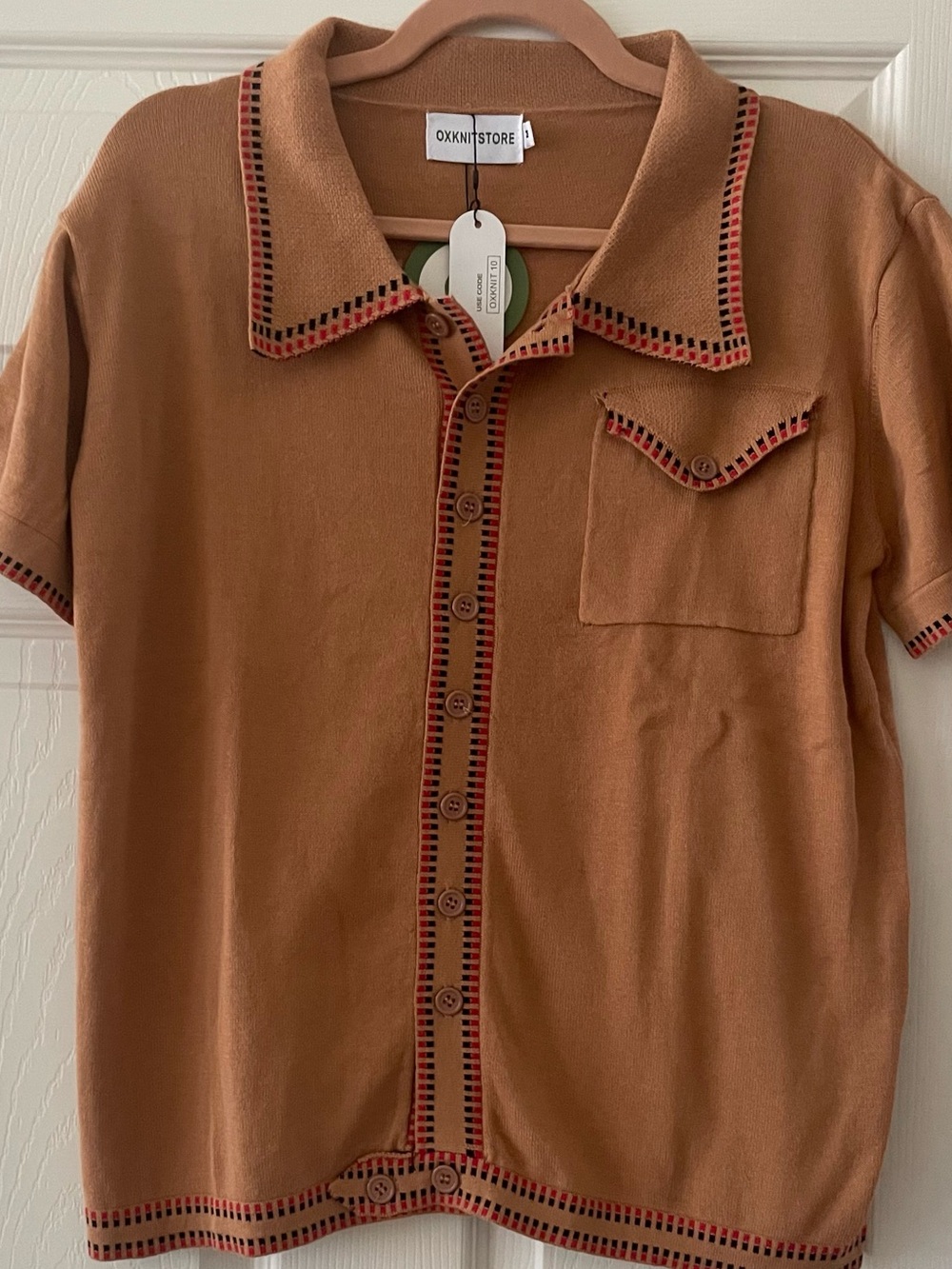 NWT OXKNITSTORE Caramel Short Sleeve Mod Knit Retro Top with Trim Men Size M